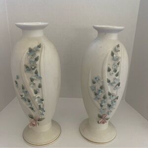 Pair of Lefton White Vases with Blue and Pink Floral Design